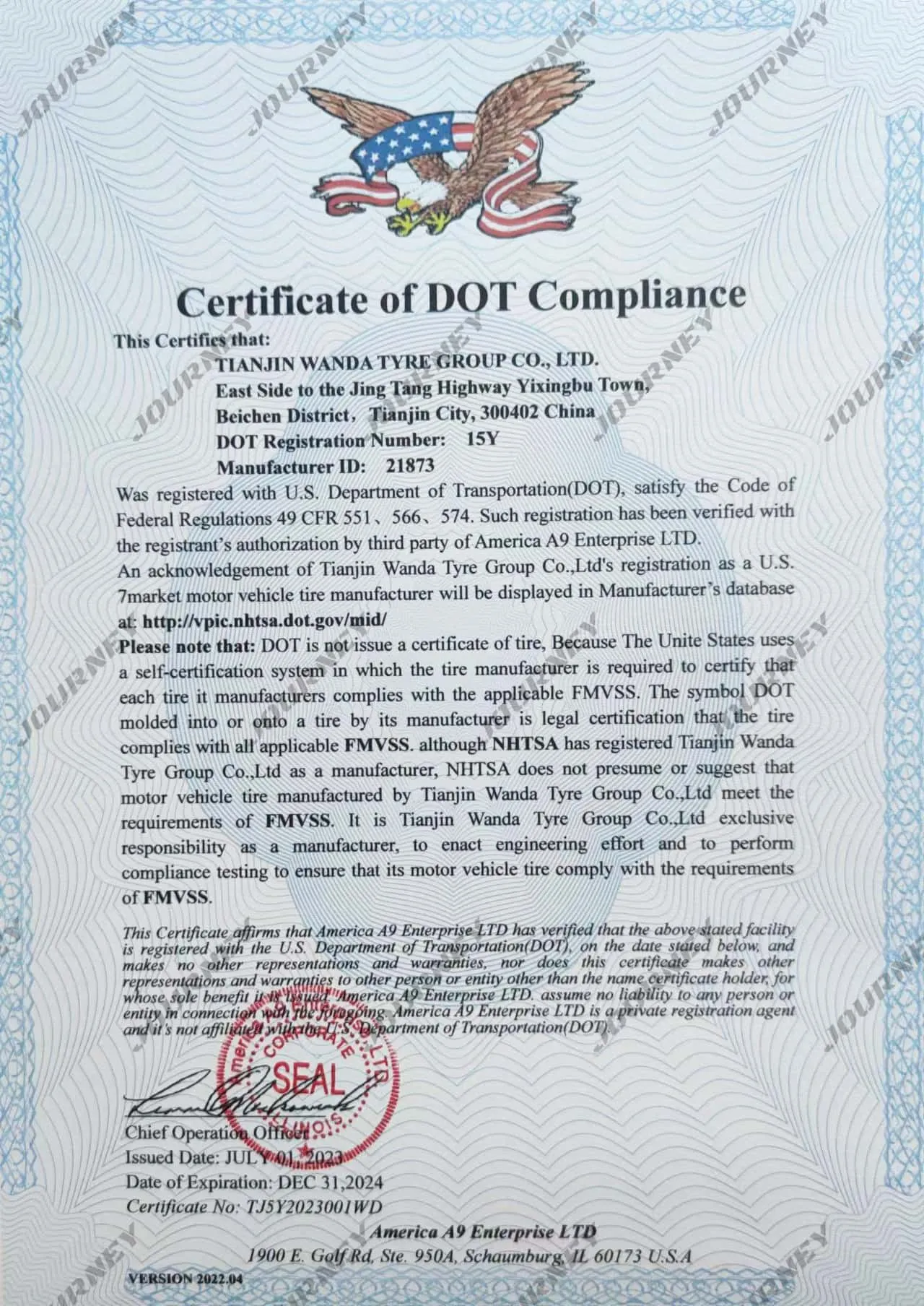 DOT safety certiﬁcation from the US